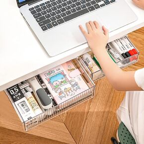 2Pcs Under Desk Storage Drawers Slide Out,Large&Medium,Stick On Desk Drawer Under Desk,Under Desk Organizer Hidden Under Table Drawer for Home Office School Organization and Storage-Clear White