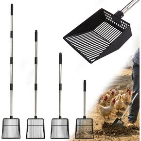 PUPTECK Metal Chicken Coop Scooper, Adjustable Removable Long Handle Stainless Steel Large Chicken Cleaning Tools Stretchable Extended Handle, Litter Sifting Shovel Chicken Coop Accessories, 4 in 1