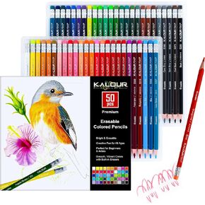 KALOUR 50 Colors Erasable Colored Pencils Set - Easy to Erase, Vibrant and Smooth Coloring Pencils with Erasers - Ideal for Drawing, Sketching, and Coloring Books -Perfect for Adults Beginners Artists