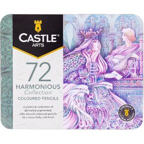 Castle Art Supplies 72 Harmonious Colored Pencil Set | Wax-Based, Soft Core Coloring Pencils for Expert Blending | Unique Muted and Moody Palette for Adult Artists | Organized in Presentation Tin