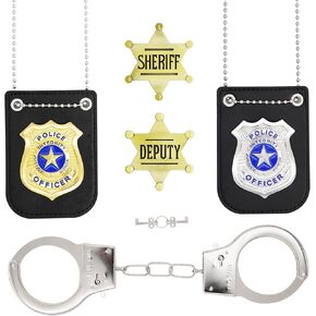 5Pcs Sheriff Deputy Badge,Police Badge, Metal Handcuffs with Keys for Police Pretend Play Party Accessories Set,Detective Role Play Accessory
