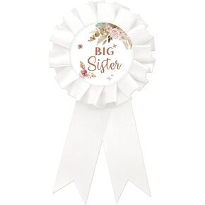 Pampas Grass Big Sister Tinplate Badge Pin, Boho Sister to Be Pin for Girl, Birthday Girl Button Pin, White Rosette Happy Birthday Button for Girl Celebration, Pampas Theme Baby Shower Party Favors