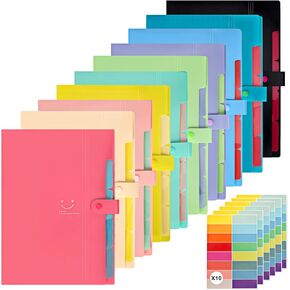 EOOUT 10pcs Expanding File Folders, Folders for Documents, A4 Letter Size Plastic Accordion Document Organizer with Snap Button, 160 Stickers in 16 Colors, for School and Office Supplies
