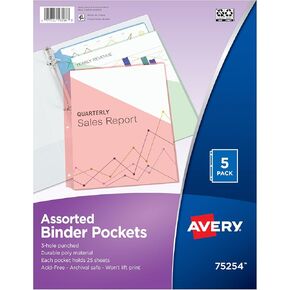 Avery Binder Pockets for 3 Ring Binders, Assorted Colors, for 8.5" x 11" Documents, Acid-Free and Archival-Safe, 5 Binder Folders Total (75254)