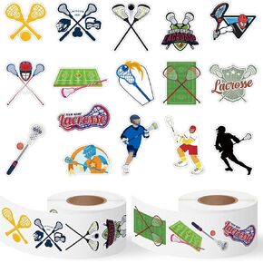 1000pcs Lacrosse Sticker Rolls(2 Rolls), 1.5 Inch 16 Design Cute Lacrosse Decorative Decals for Kids Sport Theme Self Adhesive Sticker for Waterbottle Luggage Scrapbook Gift Wrap Decor