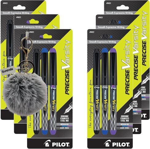 Precise Varsity, Pack Of Fountain Pens Medium Point (90022) | Bundled Pompom Balls Fluffy Keychain - Stainless Steel Nibs, Black/Blue/Purple Ink, Smooth Writing [Pack Of 6] in Saudi Arabia