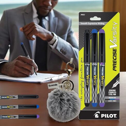 Precise Varsity, Pack Of Fountain Pens Medium Point (90022) | Bundled Pompom Balls Fluffy Keychain - Stainless Steel Nibs, Black/Blue/Purple Ink, Smooth Writing [Pack Of 6] in Saudi Arabia
