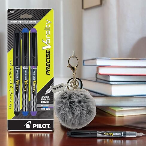 Precise Varsity, Pack Of Fountain Pens Medium Point (90022) | Bundled Pompom Balls Fluffy Keychain - Stainless Steel Nibs, Black/Blue/Purple Ink, Smooth Writing [Pack Of 6] in Saudi Arabia