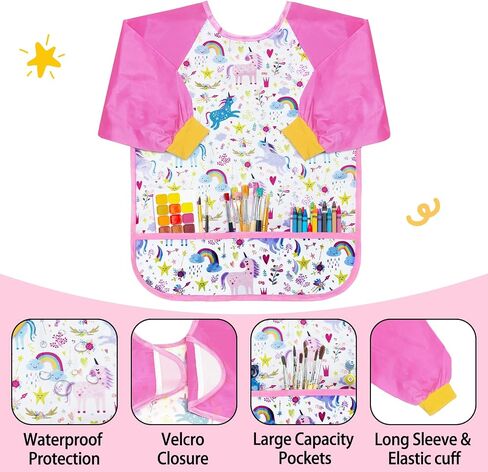 Kids Toddlers Art Smock, Kids Painting Apron Waterproof Long Sleeve Artist Smock with 3 Pockets for Age 2-6 Years in Saudi Arabia