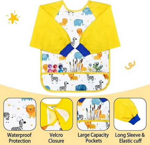 Kids Toddlers Art Smock, Kids Painting Apron Waterproof Long Sleeve Artist Smock with 3 Pockets for Age 2-6 Years in Saudi Arabia