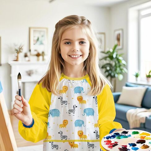 Kids Toddlers Art Smock, Kids Painting Apron Waterproof Long Sleeve Artist Smock with 3 Pockets for Age 2-6 Years in Saudi Arabia