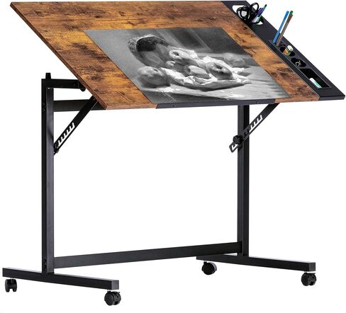 طاولة صياغة رسم Vecelo Vintage ، محطة عمل قابلة للإمالة Top Art Desk Craft Station مع حافة القلم الرصاص ، عجلات قابلة للقفل للشرائح لطلاء قراءة قراءة الماس ، دراسة Rustic Brown in Kuwait