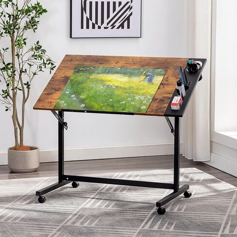 طاولة صياغة رسم Vecelo Vintage ، محطة عمل قابلة للإمالة Top Art Desk Craft Station مع حافة القلم الرصاص ، عجلات قابلة للقفل للشرائح لطلاء قراءة قراءة الماس ، دراسة Rustic Brown in Kuwait
