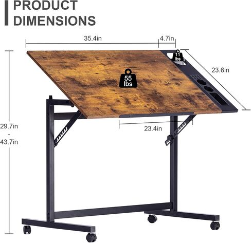 طاولة صياغة رسم Vecelo Vintage ، محطة عمل قابلة للإمالة Top Art Desk Craft Station مع حافة القلم الرصاص ، عجلات قابلة للقفل للشرائح لطلاء قراءة قراءة الماس ، دراسة Rustic Brown in Kuwait