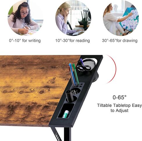 طاولة صياغة رسم Vecelo Vintage ، محطة عمل قابلة للإمالة Top Art Desk Craft Station مع حافة القلم الرصاص ، عجلات قابلة للقفل للشرائح لطلاء قراءة قراءة الماس ، دراسة Rustic Brown in Kuwait