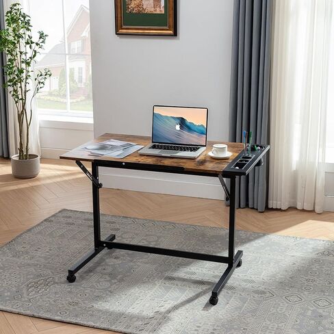 طاولة صياغة رسم Vecelo Vintage ، محطة عمل قابلة للإمالة Top Art Desk Craft Station مع حافة القلم الرصاص ، عجلات قابلة للقفل للشرائح لطلاء قراءة قراءة الماس ، دراسة Rustic Brown in Kuwait