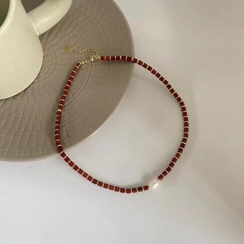 Red Agate Choker Necklace Freshwater Pearl Pendant Gemstone Luck Handmade Jewelry Girtidy Hight for Women 17inch Valentine Gift for Her in Saudi Arabia