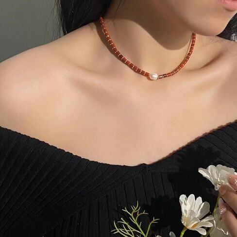 Red Agate Choker Necklace Freshwater Pearl Pendant Gemstone Luck Handmade Jewelry Girtidy Hight for Women 17inch Valentine Gift for Her in Saudi Arabia