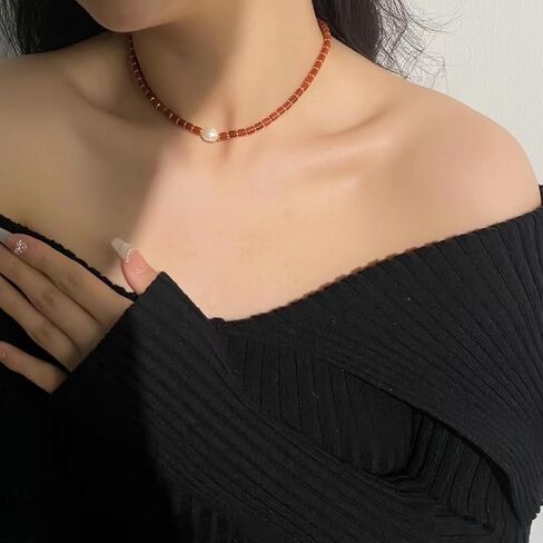 Red Agate Choker Necklace Freshwater Pearl Pendant Gemstone Luck Handmade Jewelry Girtidy Hight for Women 17inch Valentine Gift for Her in Saudi Arabia