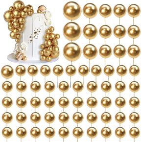 66 PCS Ball Cake Picks Gold 4 Sizes for DIY Baking Decoration Cupcake Toppers and Wedding Anniversary Birthday