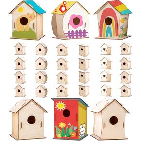 24 Sets DIY Wood Birdhouse Bulk for Kids Parties and Classrooms, Art Painting Bird House Craft Kit Unfinished Wood Bird Houses to Paint for Kids 3+ Spring Summer Arts and Craft Projects