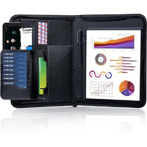 Padfolio with Zipper Closure, PU Leather Portfolio Binder, 8 Credit Card Slots, and Tablet Holder