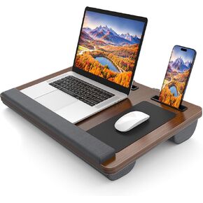 Laptop Lap Desk, Portable Large Laptop Desk for Bed, Up to 17 in Laptop Table with Wrist Rest, Mouse Pad, Tablet Phone Slot, Portable Handle, Laptop Lap Table with Cushion (Dark Brown)