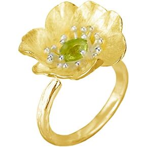 Stunning Designer Flower Ring with Natural Tourmaline Gemstone in Yellow Gold Plated Sterling Silver Adjustable Ring Size Women Handmade Jewelry - PremiumPearl