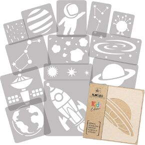 NAKLEO 14 pcs Reusable Plastic Stencils - Space Universe Planet - 13.4" to 3.5" - Pattern Children Kids Painting Template Room Decor - Craft DIY Wall Furniture