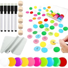 Plastic Dry Erase Tokens Set of 100 with 1pc Box 5 Dry Erase Markers 2 Wipes and 6 Dice,DIY Board Game Tokens Reusable Blank Learning Counters and Colorful Chips for Tabletop Games