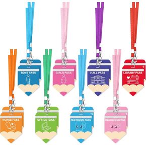 16 Sets Acrylic Hall Pass Lanyards School Passes Set Hall Passes for Classrooms Cute Classroom Passes for Bathroom, Library, Office and Nurse Classroom School Supplies Gifts