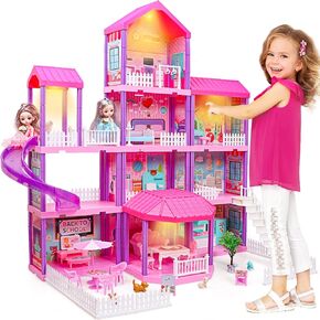 beefunni Doll House, Dream Dollhouse for Girls,Doll Houses 4-5 7-8 Year Old with 4 Stories -11 Rooms, 2 Dolls and Furniture, Princess Dollhouse 2025 Christmas Toy Gifts for 3 4 5 6 7 8+ Year Old Girls
