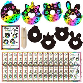 Watinc 28 Set Valentine Day Animals Donut Scratch Cards with Name Card for Kids ، Valentines Scratch Off Art Craft Kit ، Exchange Diy Magic Paper for Classroom School Party Form