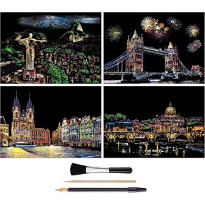 Rainbow Scratch Art Painting Paper (A4) for Kids & Adults, DIY Night View Scratchboard, Engraving Art Set: 4 Sheets Scratch Cards & Drawing Pen, Clean Brush (Tower Bridge/Italy/Brazil/Prague)