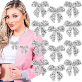 12Pcs Rhinestone Bow Iron on Patches Sparkling Crystal Applique Bowknot Beaded Sewing Patches Silver Decorative Stickers for DIY Clothing Backpack Hat Bag Repair Decor