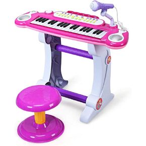 Costzon 37-Key Kids Piano Keyboard Toy, Toddler Electronic Musical Instrument Educational Toy w/Microphone, Multiple Sounds, Record Playback, Lights & Stool, Birthday Gift for Girls Boys Age 3+, Pink