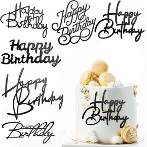 6 Pcs Black Happy Birthday Cake Topper Side Mirror Acrylic Cake Topper Happy Birthday Cake Sign Decorations Black Cake Inserts Cake Decor Supplies Black Cupcake Toppers for Birthday Party Cake Dessert