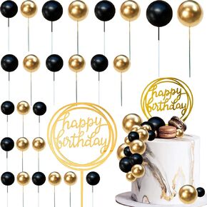 Colorful Balls Cake Topper Pearl Balls Cake Topper Happy Birthday Cake Insert Pick DIY Pile Up Insert for Wedding Birthday Party Baby Shower Cake Decoration (Black and Gold)
