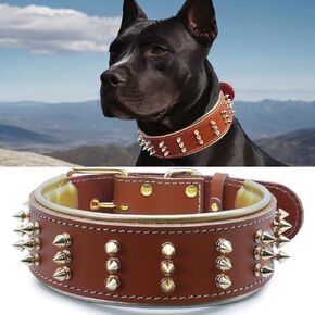 Spiked Leather Dog Collar – Premium Handmade Genuine Leather, 2.2-Inch Wide, Bold Protection and Stylish Design, Ideal for Powerful Breeds-Golden Brown 16.7-20.6 inches