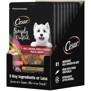 Cesar Simply Crafted Beef, Chicken, Purple Potatoes, Peas & Carrots Wet Complement, 8.82 oz. Pouch (12 Count, Pack of 1)