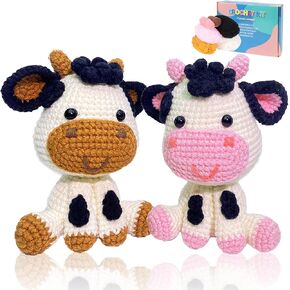 ISTORAGE 2PCS Animal Crochet Kit for Beginners, DIY Couple Cow Beginners Crochet Kit, Christmas Highland Cow Starters Crochet Kit, with Step-by-Step Video Tutorials(40%+ Yarn)
