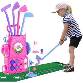 QDRAGON Kids Golf Clubs, 2 in 1 Toddler Golf Set with 8 Balls/Cornhole Board & Putting Mat/Golf Cart with Wheels, Indoor Outdoor Sport Toys Gifts for Boys Girls Ages 3 4 5 6+, Pink