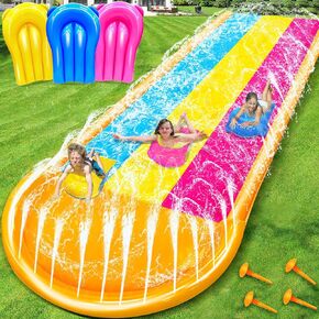[ 3 Sided Safe Fence ] Extra Width Triple Slip Water Slide with 3-Way Sprinklers, Backyard Lawn Water Slides and 3 Bodyboards with Handle, Summer Outdoor Water Fun Toys for Kids Adults,16Ft x 7Ft