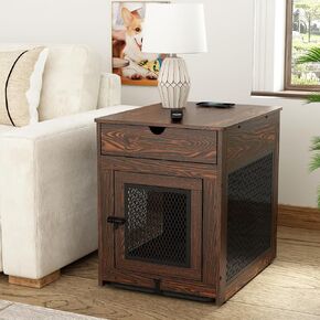 Piskyet Dog Crate Furniture,Wooden Dog Crate End Table with Storage Drawer&Cushion&Tray, QC3.0 Wireless Charging,Dual USB,Medium Dogs Marble White