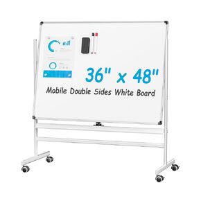 VUSIGN Mobile Double Sides White Board Kit 36" x 48", 1 Dry-Erase Eraser, Red Marker & Black Marker, 4 Magnetic Pins, Aluminum Frame, Portable Dry Erase Board with Stand for Office, Home, School