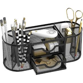 SUPEASY Mesh Desk Organizer, Desk Organizers and Accessories with Drawers, Pen Holder for Desk with 2 Drawers with 9 Compartments for Office Supplies, Purple