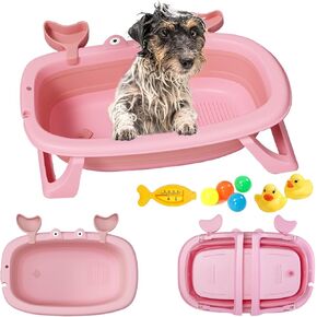Dog Bath Tub with Dog Toys Pet Bathtub, Portable Puppy Bathtub for Easy Baths and Easy Storage, Dog Bath Tubs for Small Medium Pets-Foldable Pet Shower Tub with Drainage Hole, 26.5 x 17.2 x 7.8In,Pink