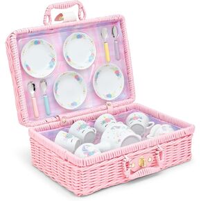 Porcelain Tea Set for Girls - Mini Ceramic Tea Cups with Pink Wicker Basket - Cute Tea Pot and Tiny Cups Set for Girls Tea Party - Ideal Gift for Kids Ages 8 Years - Unicorn Design, 13 Pieces