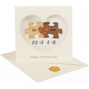 12 Years Anniversary Card, Handmade 12th Linen Wedding Anniversary Wooden Puzzle Greeting Card Gifts for Men Woman, DIY the Name and Date on Jigsaw and Card