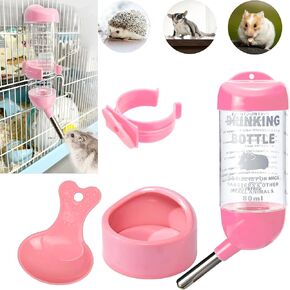 Hamster Water Bottle and Hamster Food Bowl with Feed Scoop Set, Guinea Pig Water Bottle and Feeder Bowl, Pet Drinking Bottle for Small Cat Chinchilla Rat Hedgehog Rodent Gerbil Accessories (Pink, 80)
